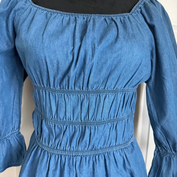 Speed Limit MPH Dress Womens S Blue Chambray Smocked Tiered Ruffle Boho Cottage - Picture 5 of 15